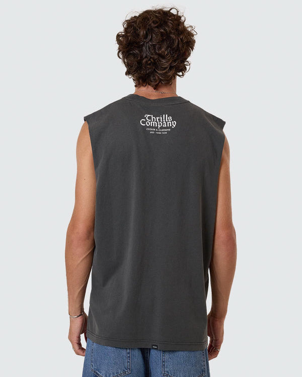 Faded black sleeveless tee with small Thrills Company logo on upper back