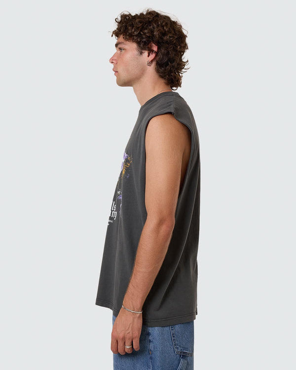 Side view of faded black sleeveless Thrills Company graphic tee