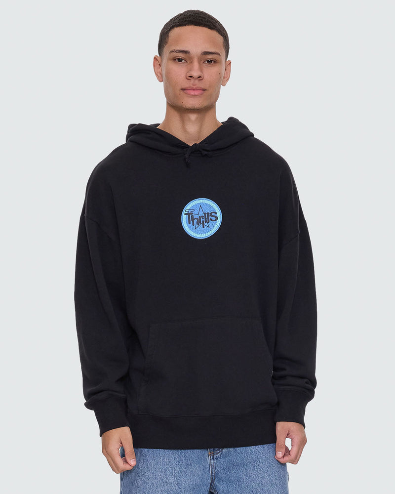 Black hoodie with blue Thrills circular logo on the chest and kangaroo pocket.