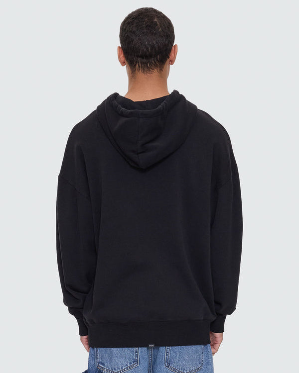 Black hoodie with plain back and relaxed fit.