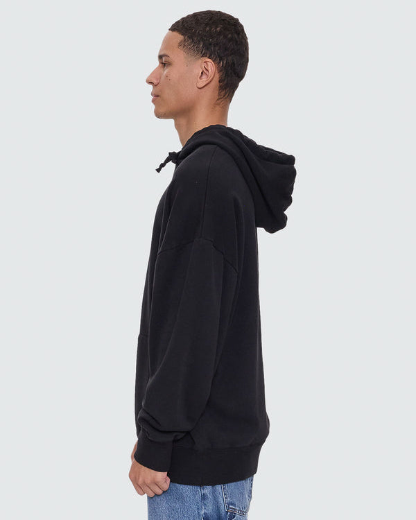 Black hoodie with blue Thrills chest logo, side profile view.