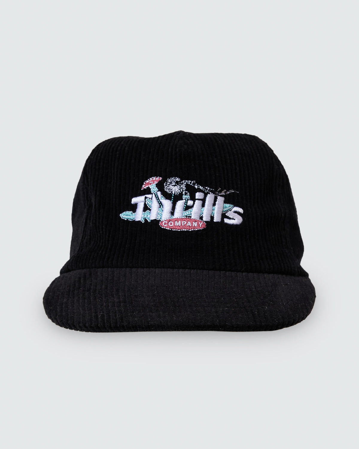 Black Thrills corduroy cap with embroidered mushroom and dandelion logo