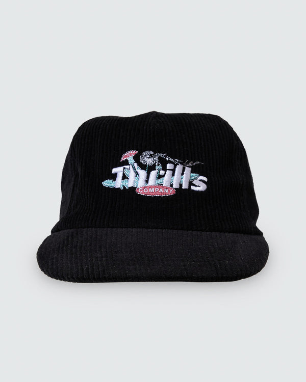 Black Thrills corduroy cap with embroidered mushroom and dandelion logo