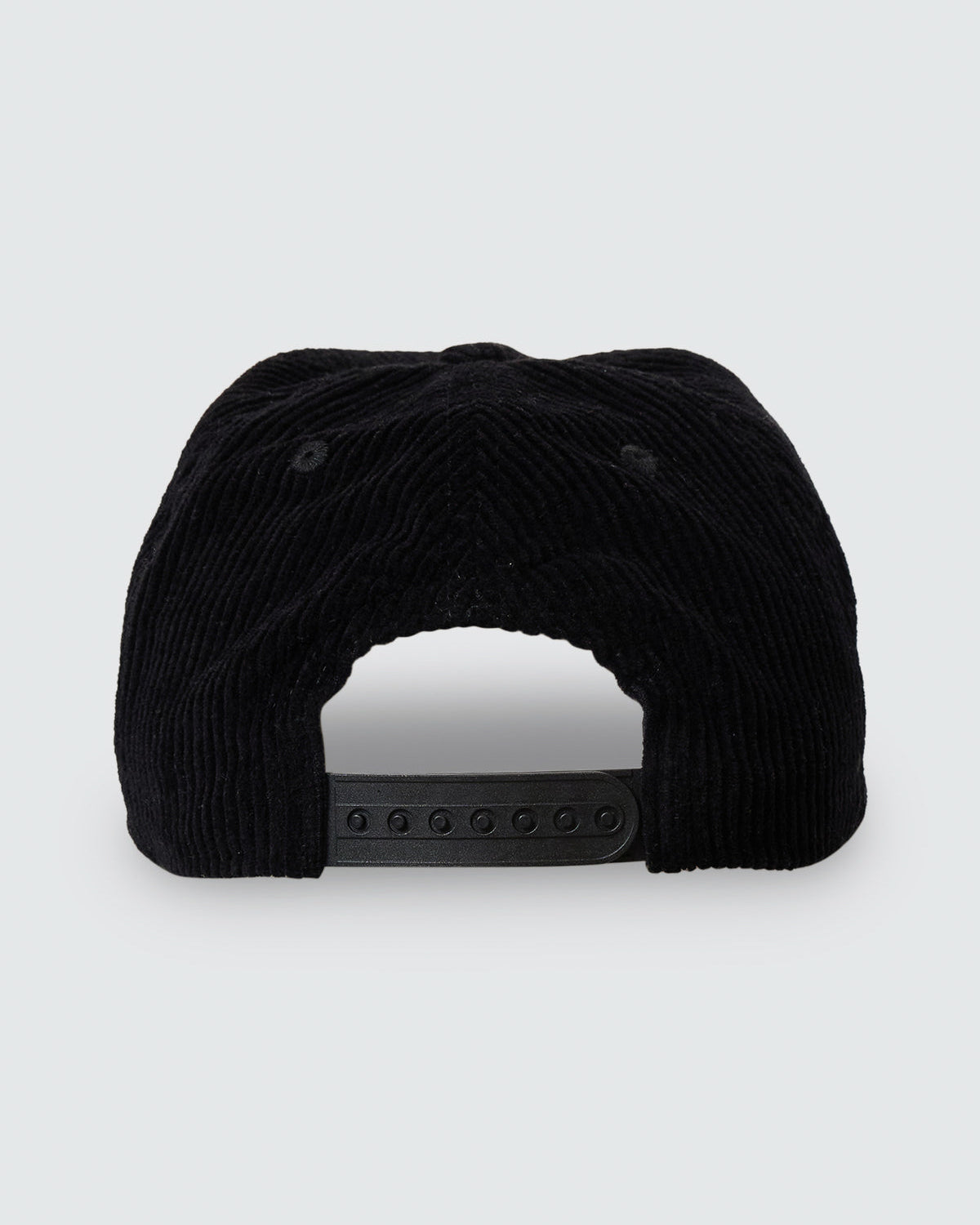 Back view black Thrills corduroy cap with snapback closure