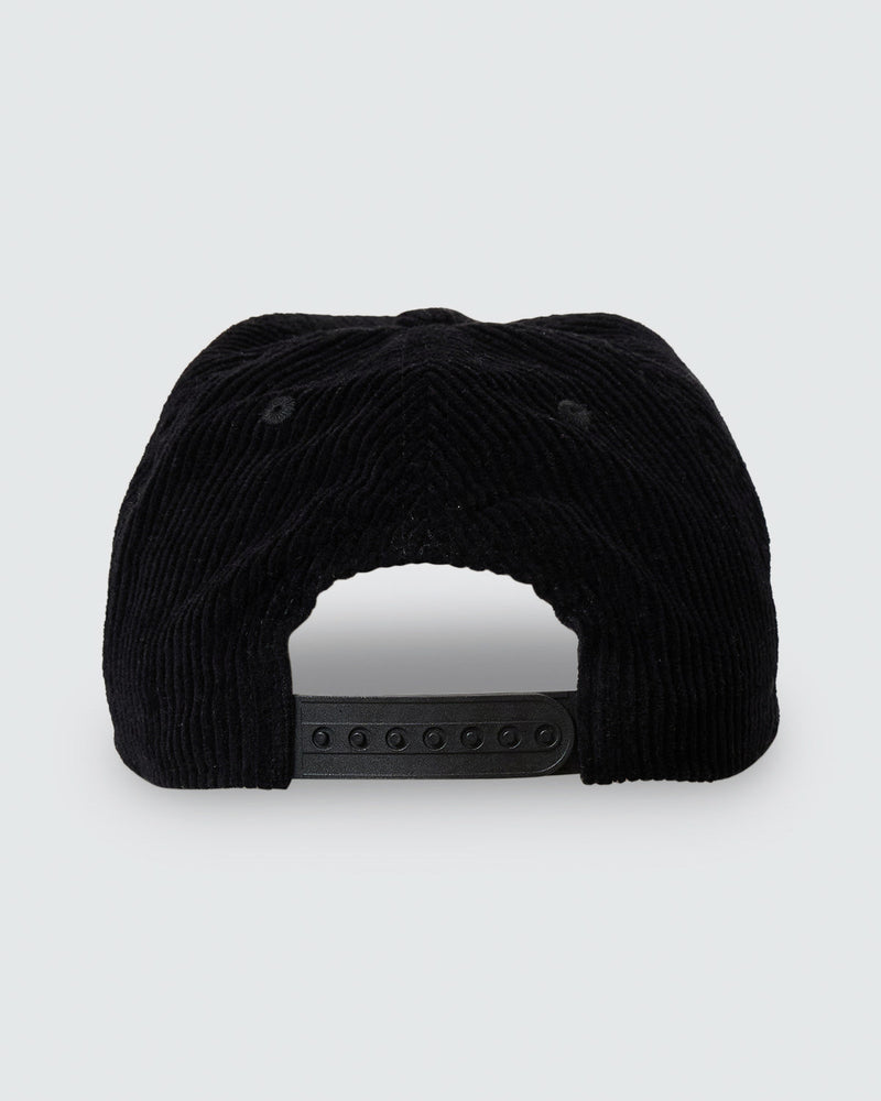 Back view black Thrills corduroy cap with snapback closure