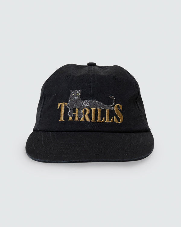Black cap with embroidered panther and gold Thrills logo on front