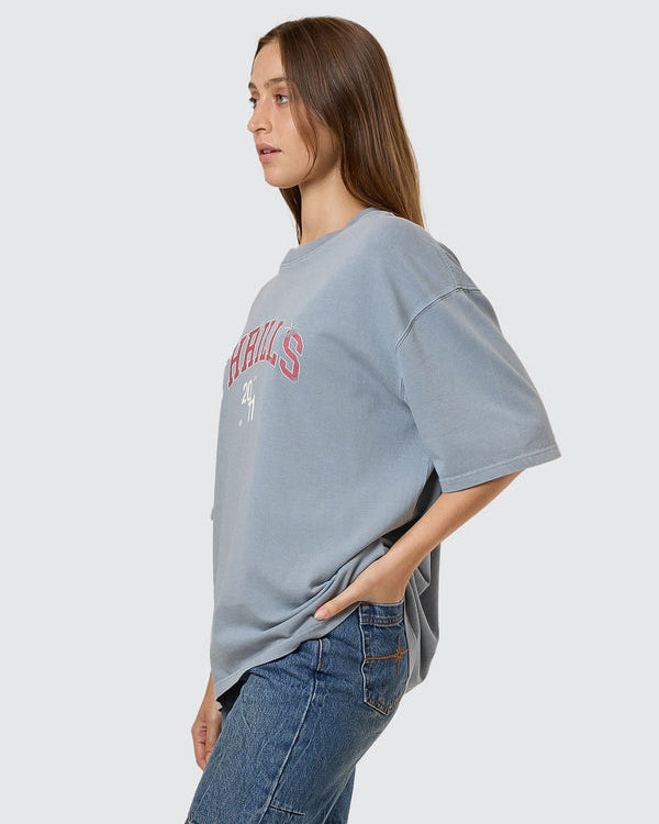 Side view of light blue oversized Thrills 2011 graphic tee