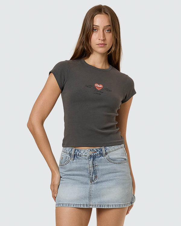 Faded black fitted tee with heart and script graphic on chest