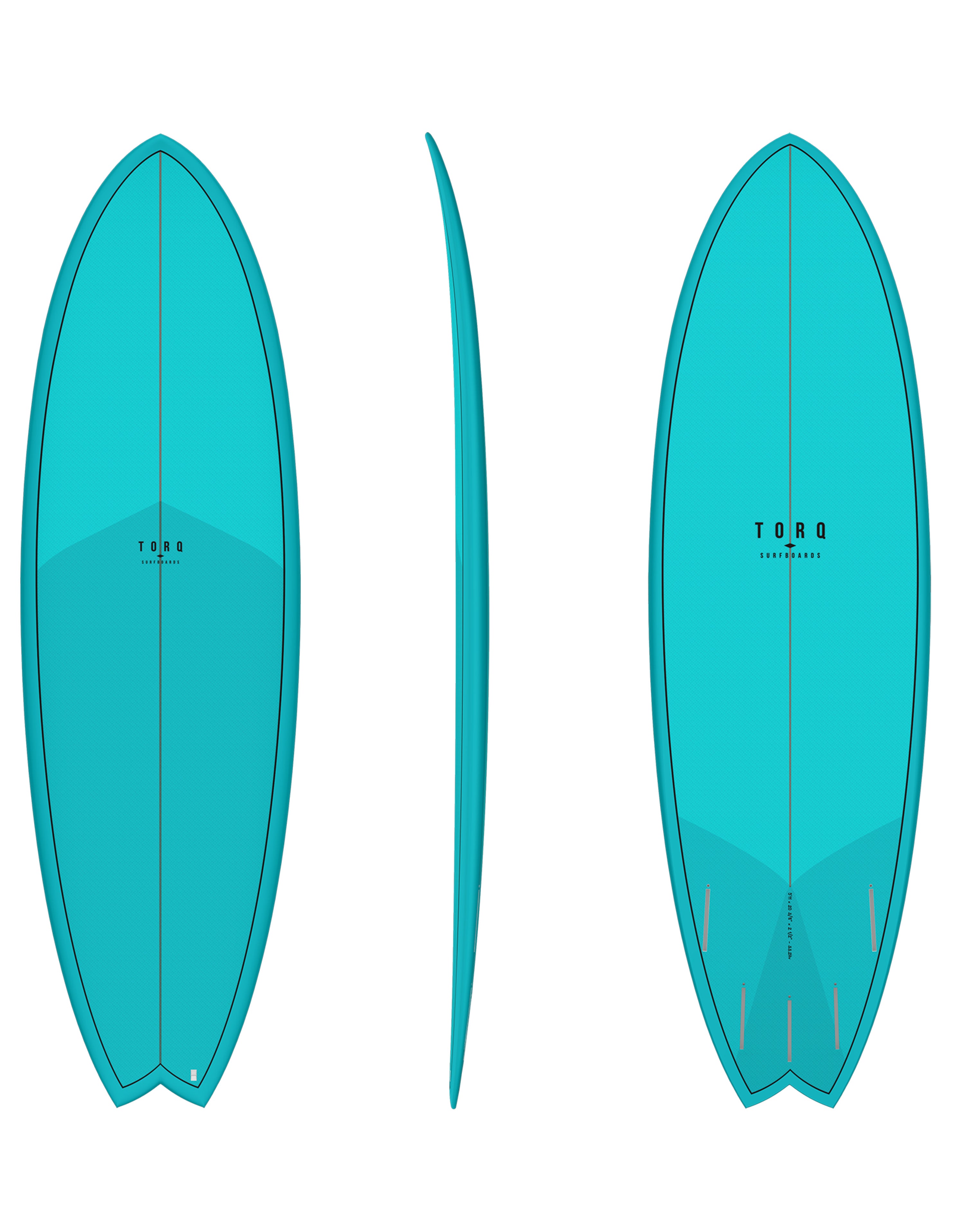 Full aqua Torq fish surfboard with subtle tonal design and multi-fin setup.
