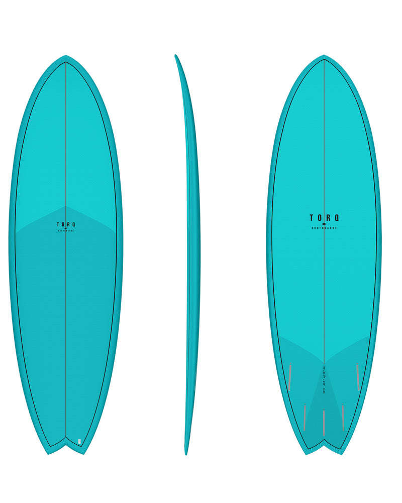 Full aqua Torq fish surfboard with subtle tonal design and multi-fin setup.
