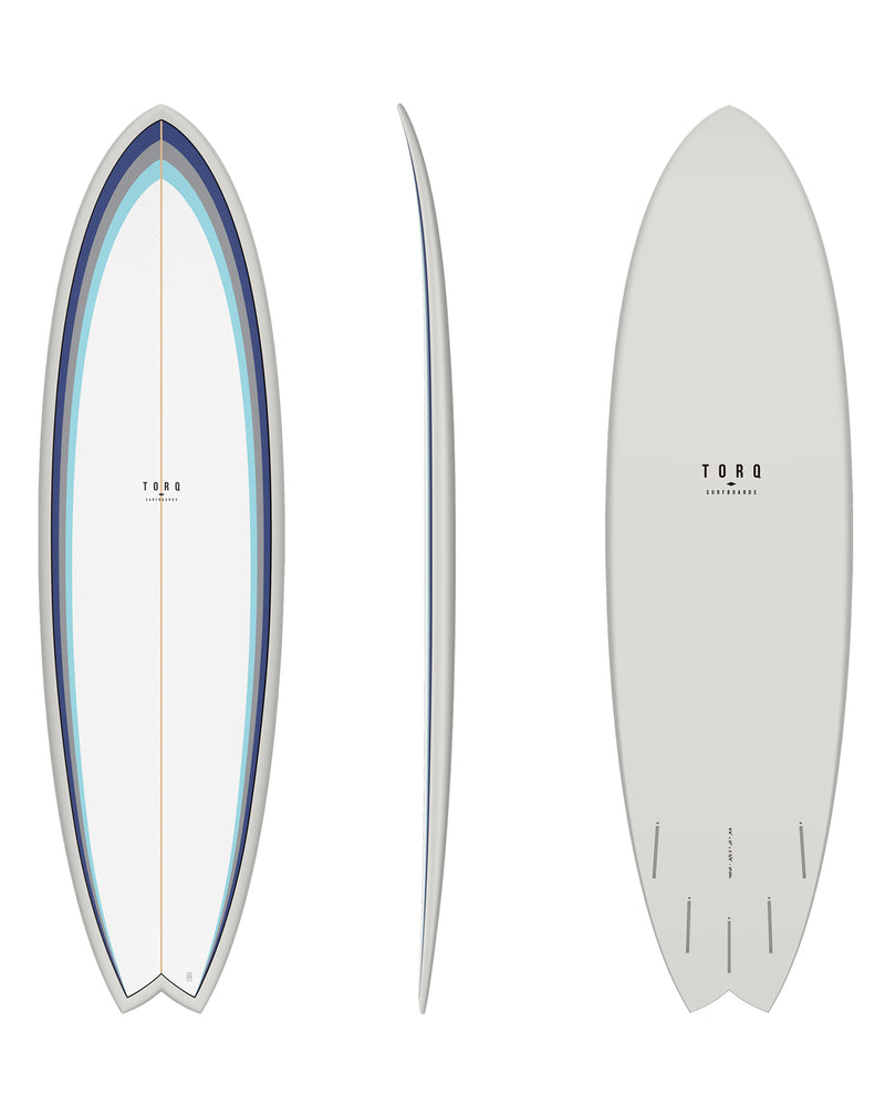 White Torq surfboard with layered blue rail detailing and five fin boxes.