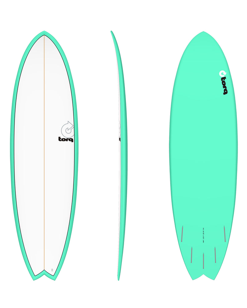 Torq fish surfboard with mint green rails and base, featuring five fin setup.