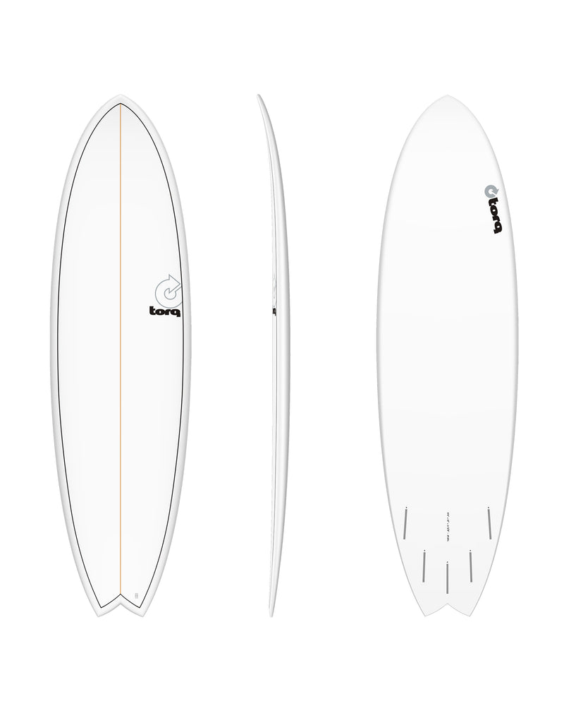 White Torq surfboard with swallow tail and five fin boxes, shown from three angles.