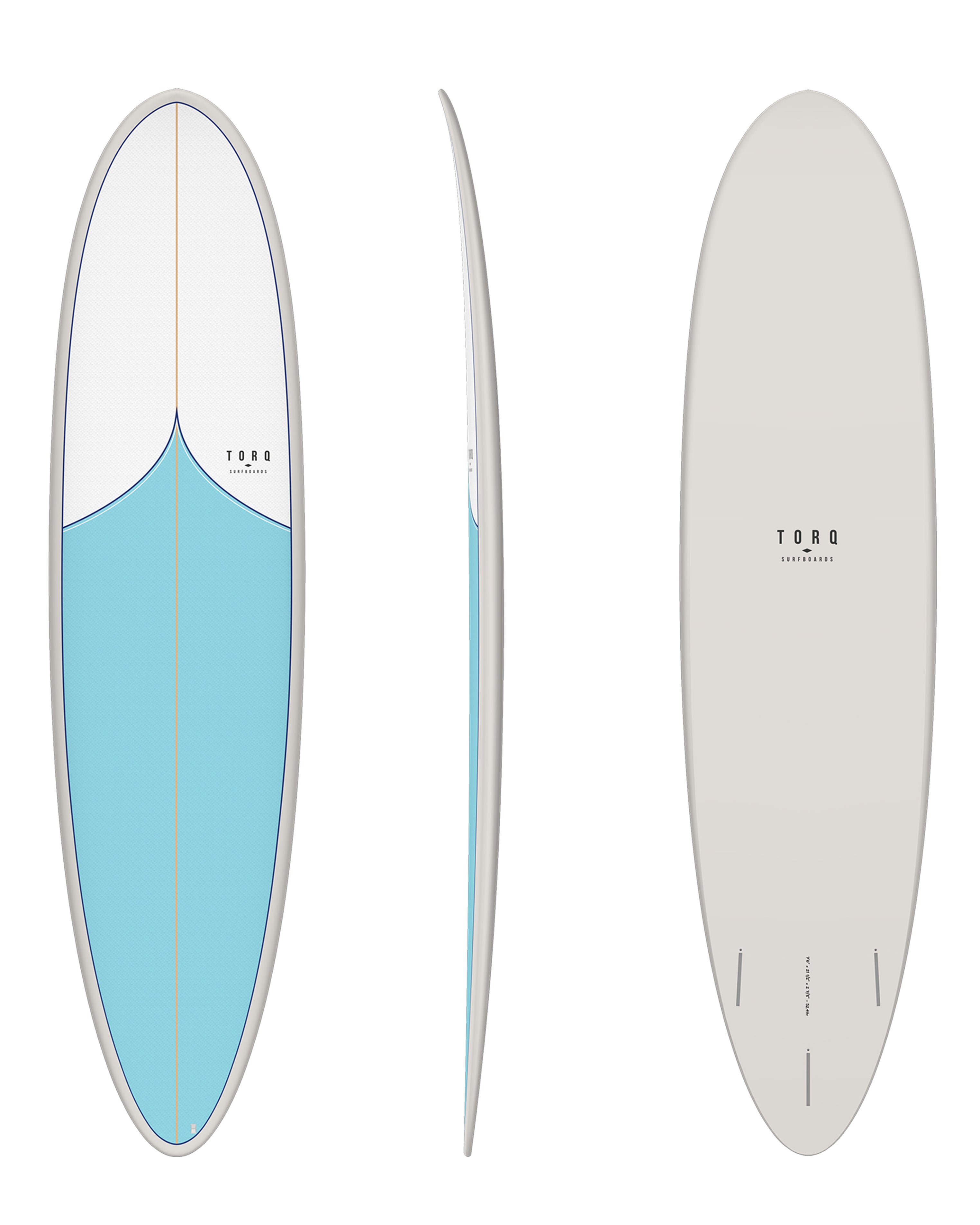 Torq longboard with blue and white deck pad and grey bottom, shown in multiple angles.