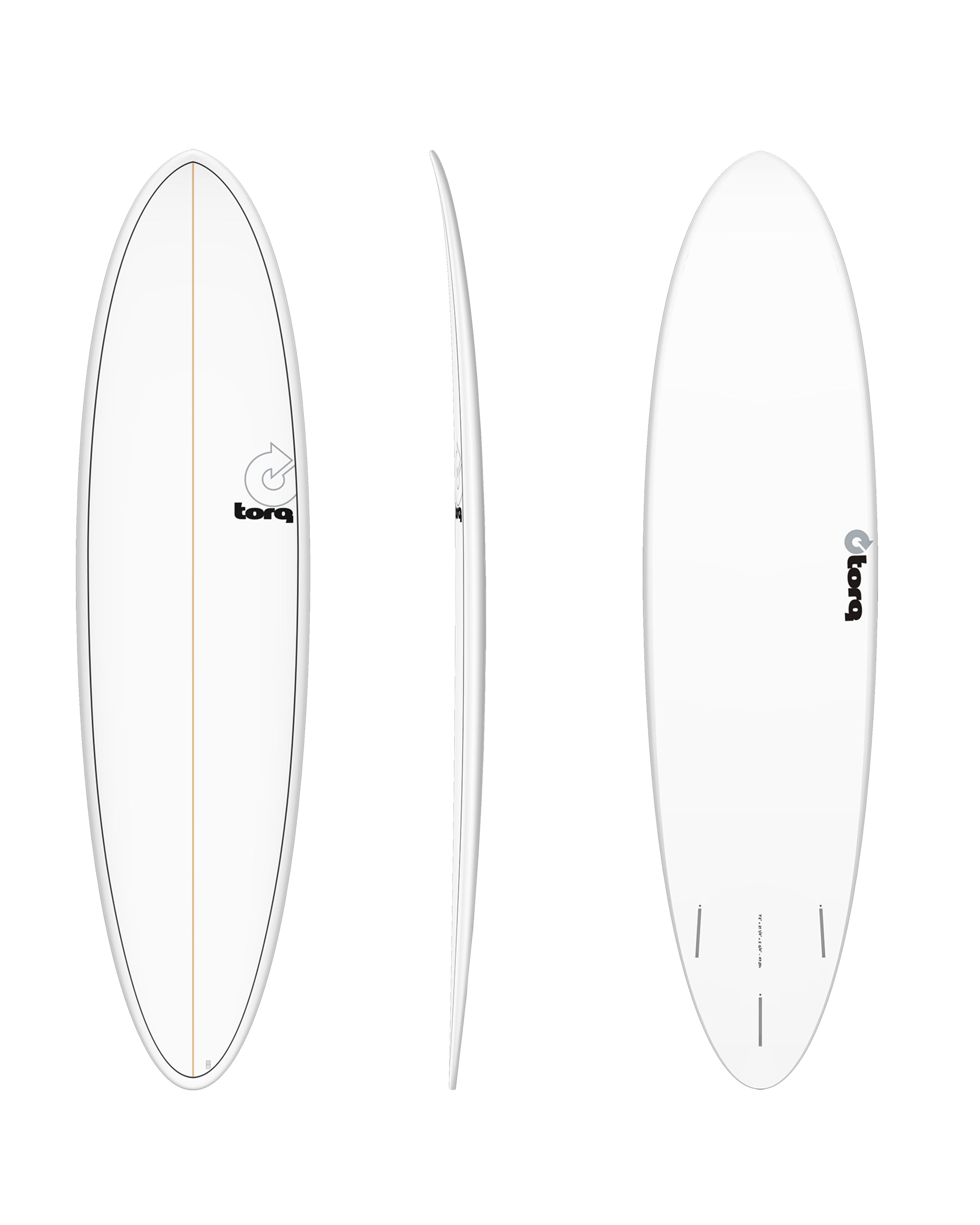 White Torq surfboard with centre stringer and logo, shown in deck, rail and bottom views.