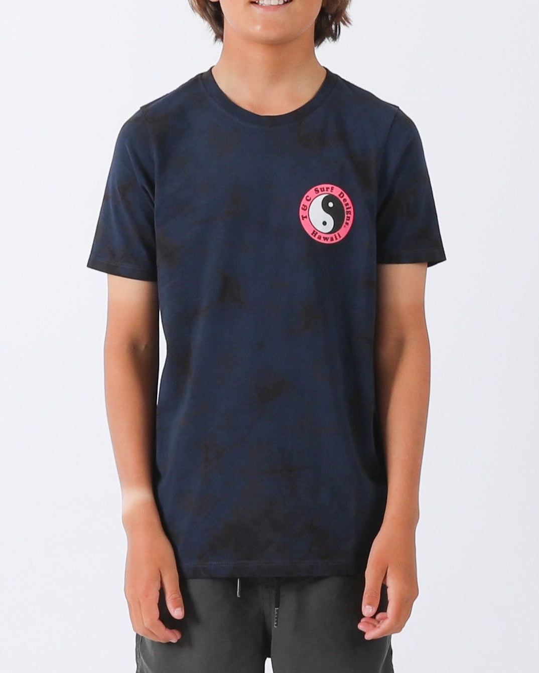 Navy tie dye tee with T&C Surf Designs Hawaii yin yang chest logo