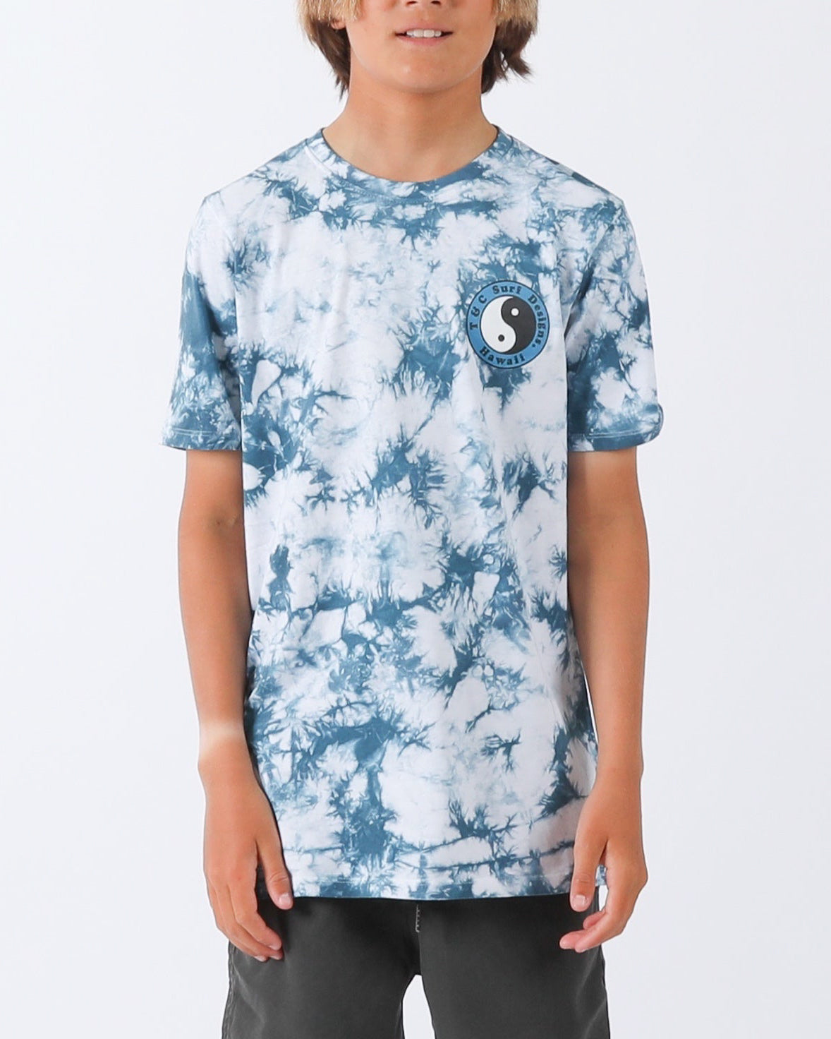 Blue and white tie-dye T-shirt with small yin-yang T&C Surf Designs Hawaii logo on the chest.