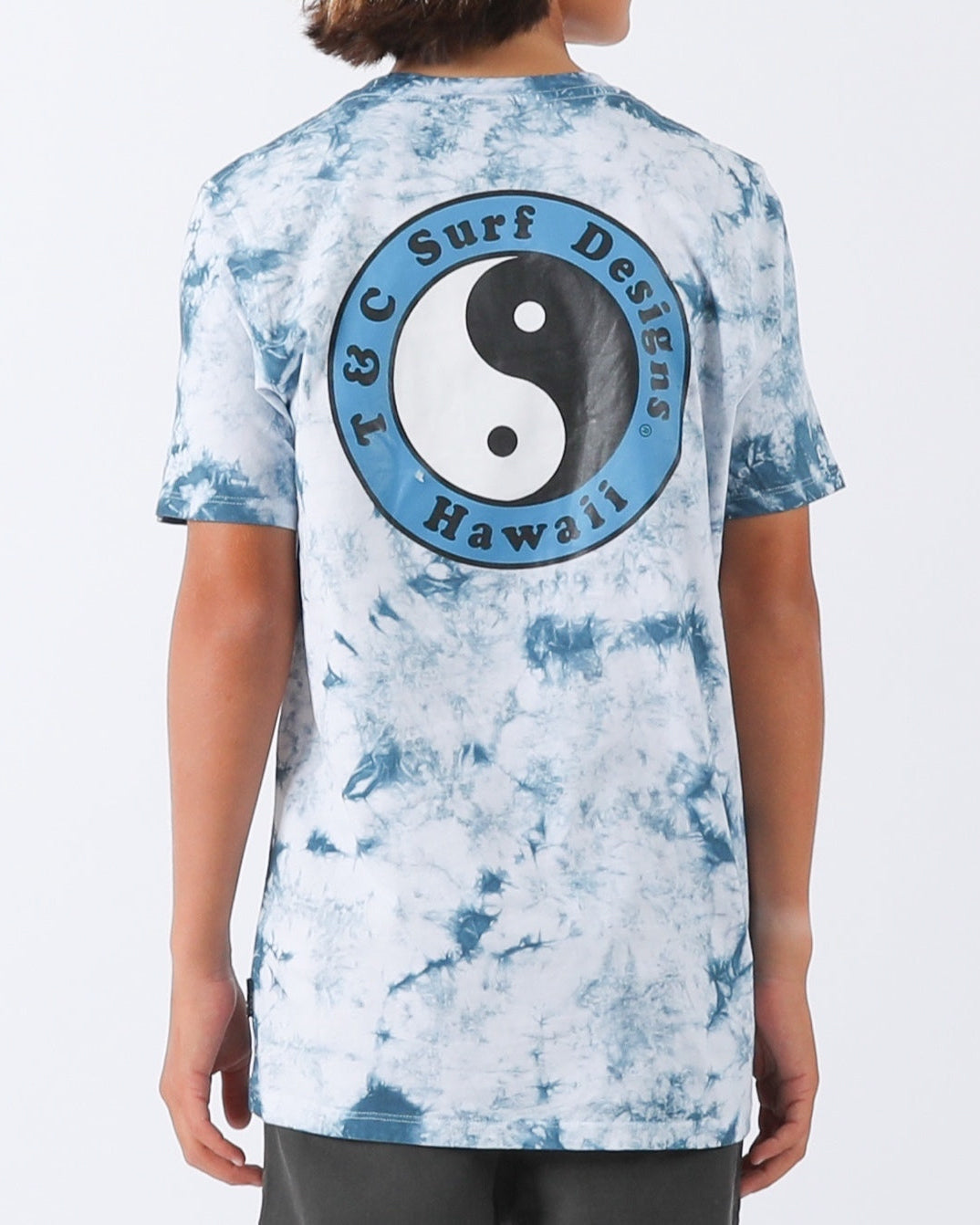 Blue and white tie-dye T-shirt with large yin-yang T&C Surf Designs Hawaii logo on the back.