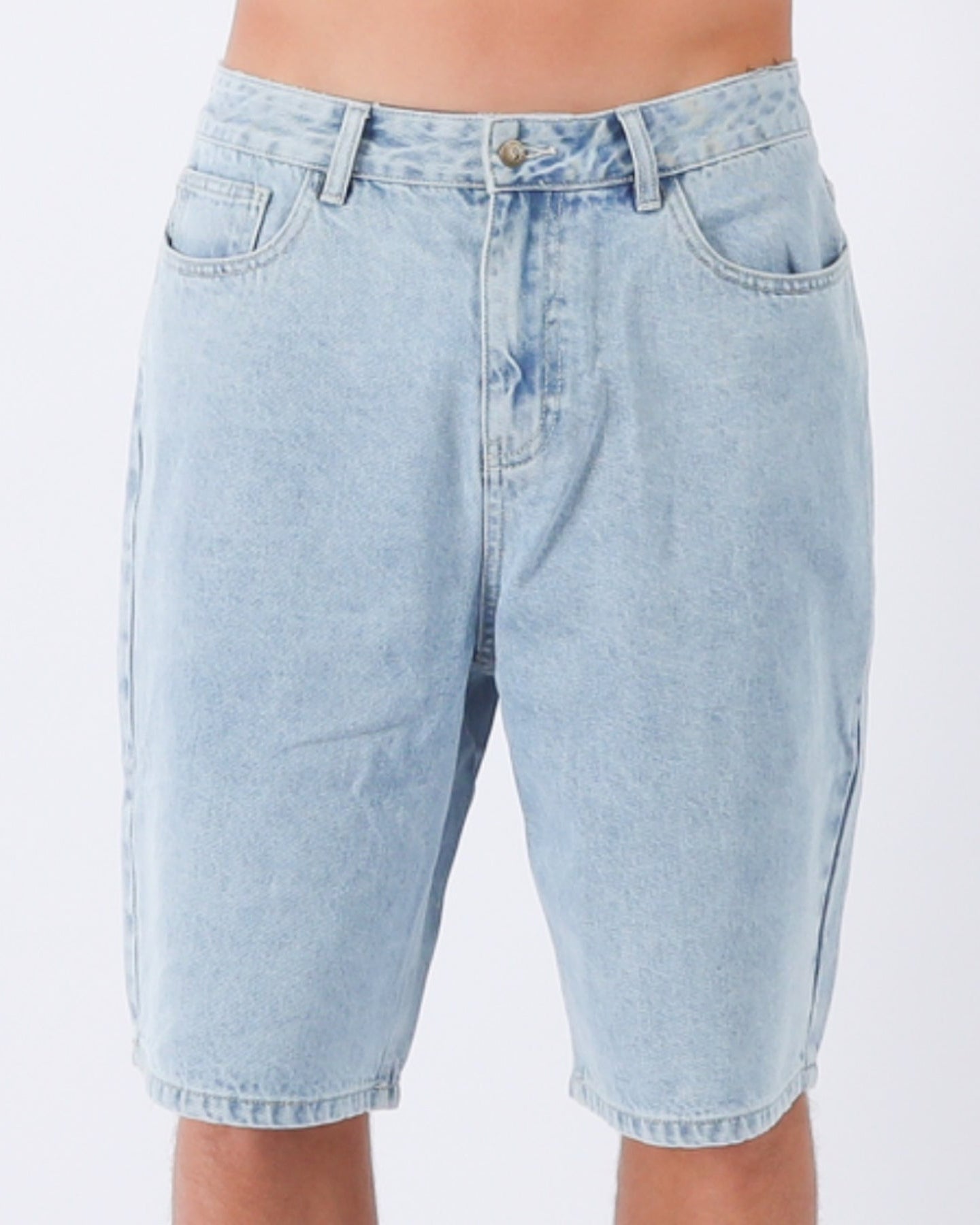 Light blue denim shorts with a relaxed fit and five pocket design