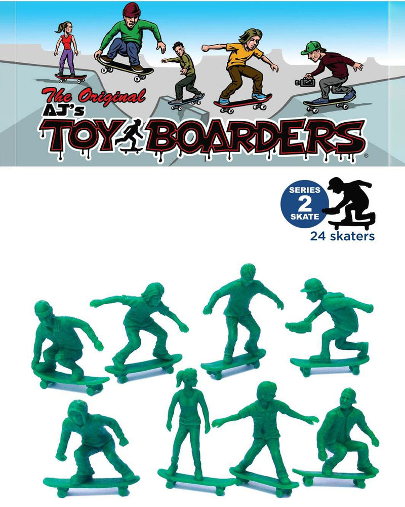 Packaging of The Original AJ’s Toy Boarders Series 2 featuring 24 green plastic skateboarder figurines in various poses.