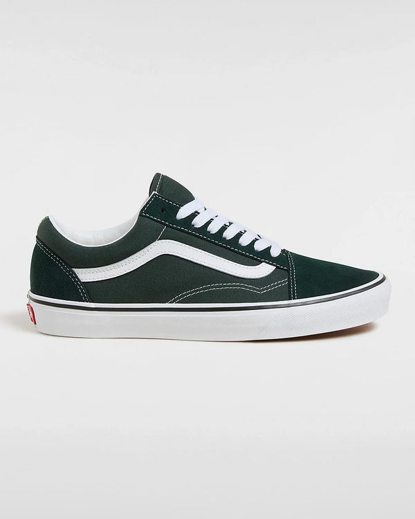 Side view of a Vans Old Skool sneaker in dark green with white laces, signature side stripe, and a white rubber sole.