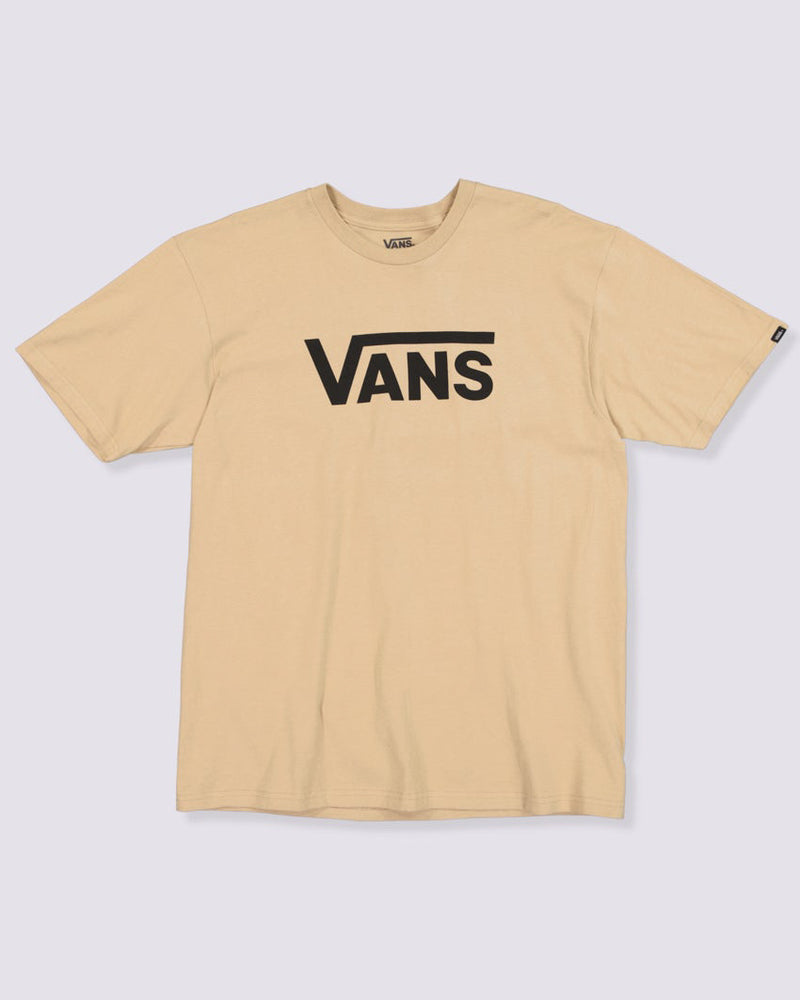 Flat lay of a beige Vans t-shirt featuring a bold black Vans logo on the front, showcasing a classic and minimalist design.