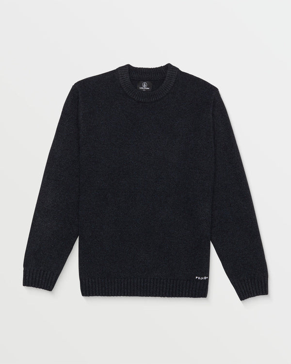 Black Volcom crewneck sweater with ribbed cuffs and hem, featuring a subtle embroidered logo near the bottom hem