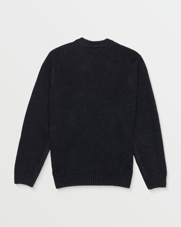 Back view of a black Volcom crewneck sweater with ribbed cuffs and hem, featuring a minimalistic and clean design.