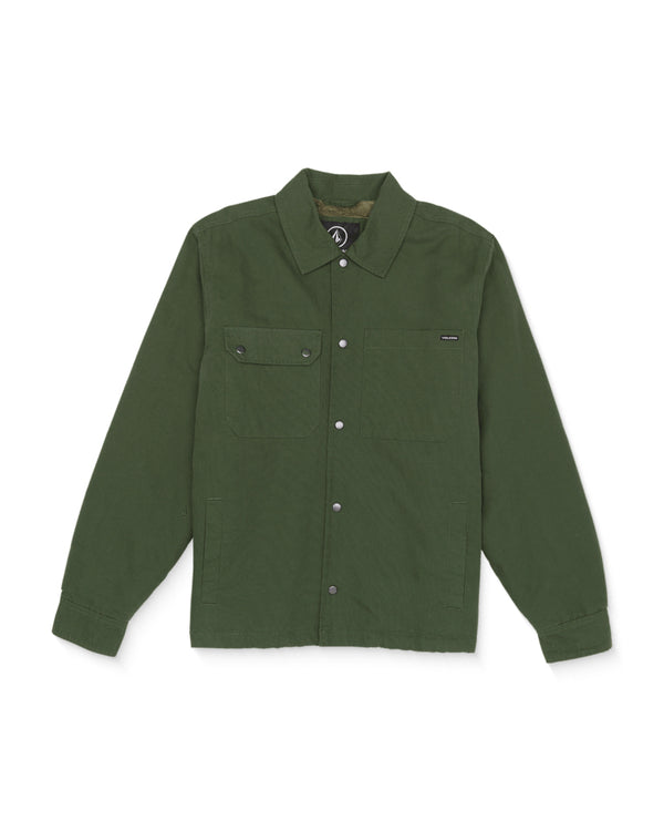 Olive green button-up jacket with two chest pockets, collar, and long sleeves, laid flat against a white background.