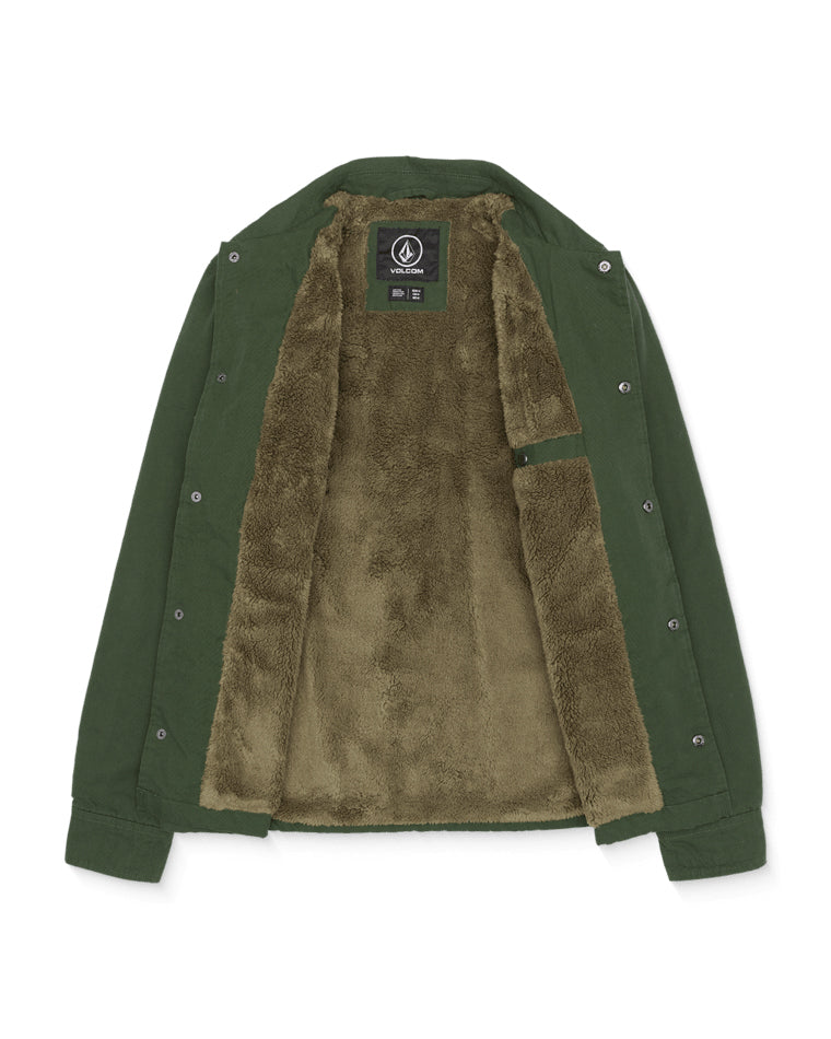 Olive green button-up jacket with plush brown fleece lining, laid flat and open to showcase interior warmth and texture.