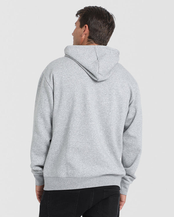 Male model showing the back of a light grey Volcom hoodie with a relaxed fit, ribbed cuffs, and a hood resting on his back.