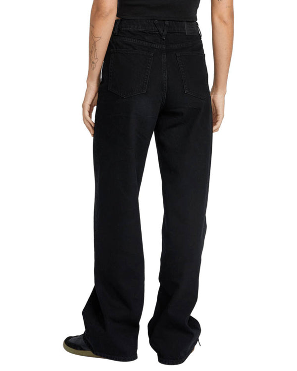 Back view of high-waisted black wide-leg jeans featuring back pockets and a relaxed fit, styled with black sneakers.