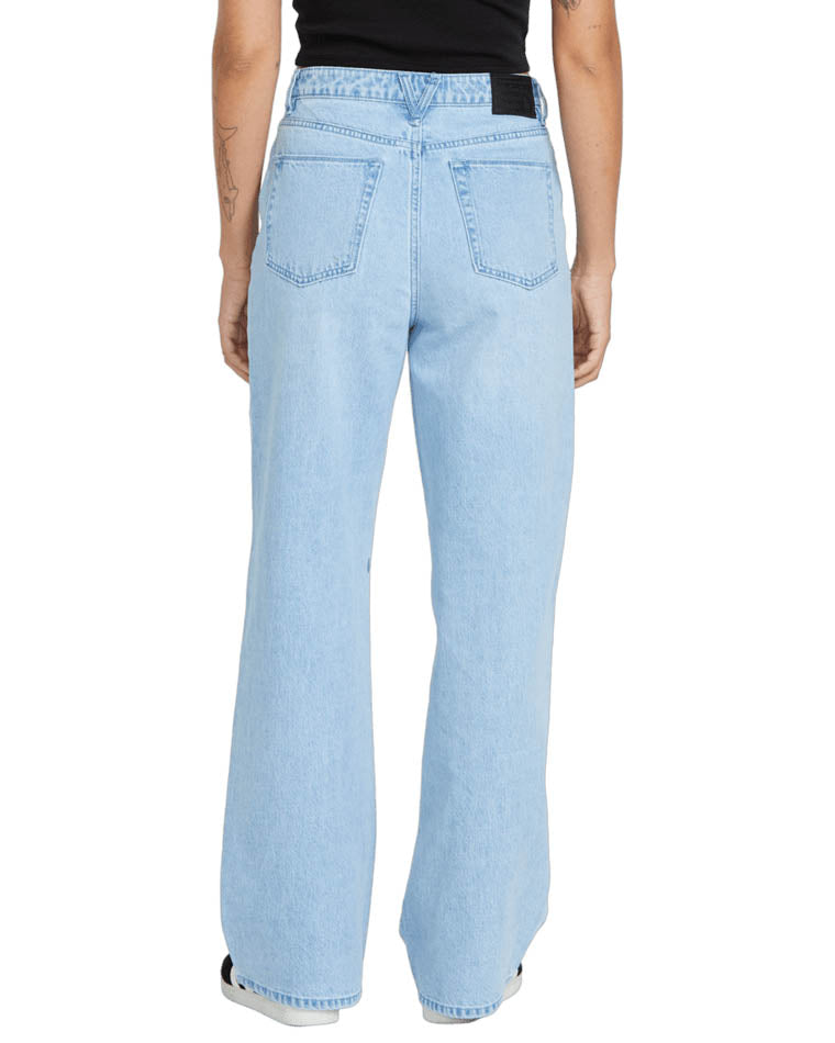 Back view of high-waisted light blue straight-leg jeans featuring back pockets, a black patch detail, and a relaxed fit.