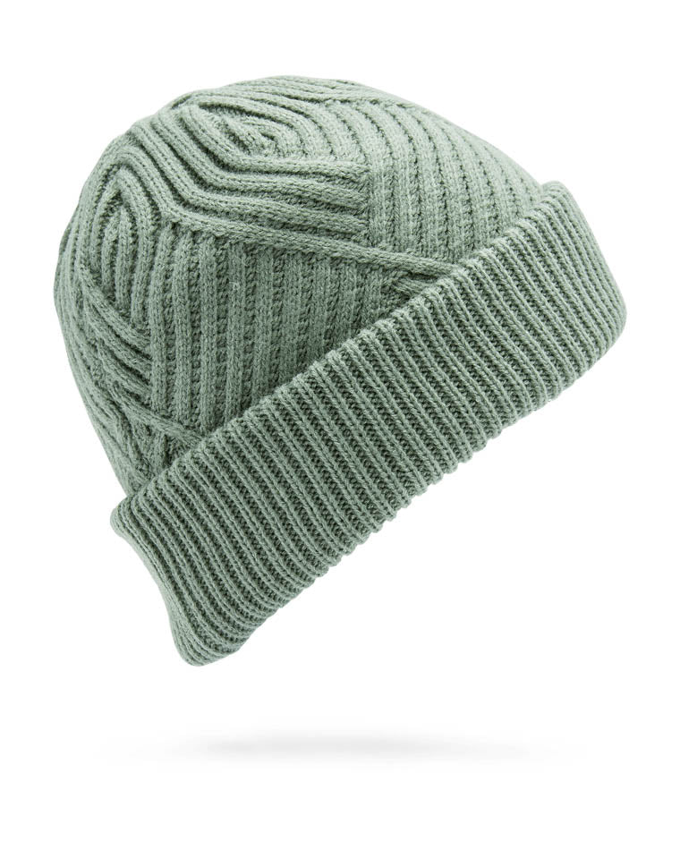 Sage green knit beanie with a ribbed geometric pattern and folded cuff, made from soft, warm fabric.