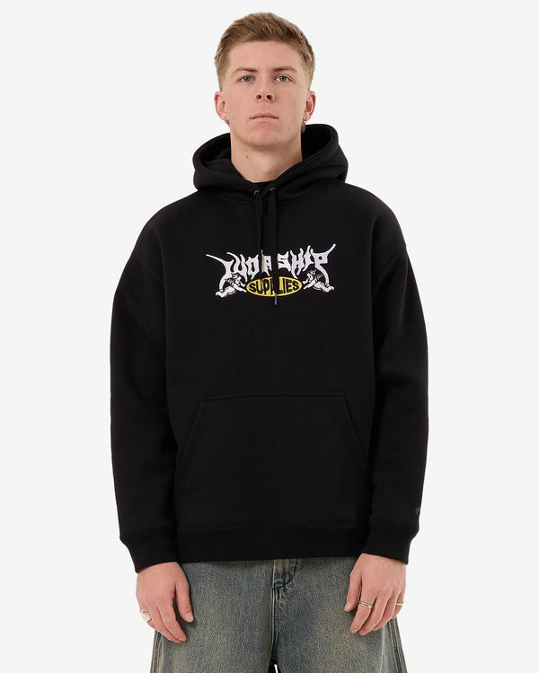 Black hoodie with "Worship Supplies" graphic in white and yellow on the chest, featuring a relaxed fit and kangaroo pocket.