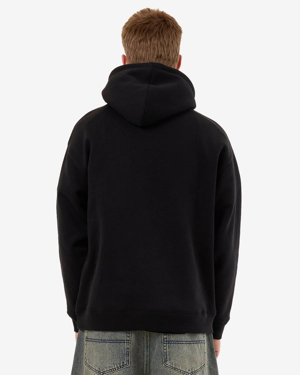 Back view of a black hoodie with a relaxed fit, featuring a large hood and ribbed cuffs and hem for a comfortable fit.