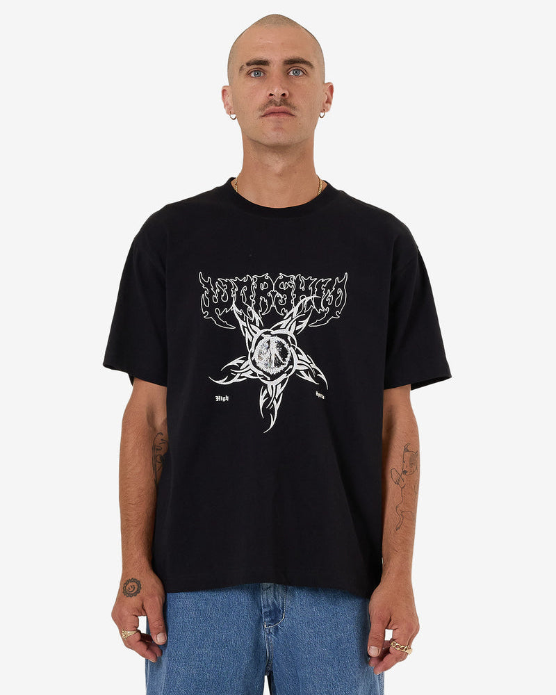 Black graphic tee with bold front print and relaxed fit