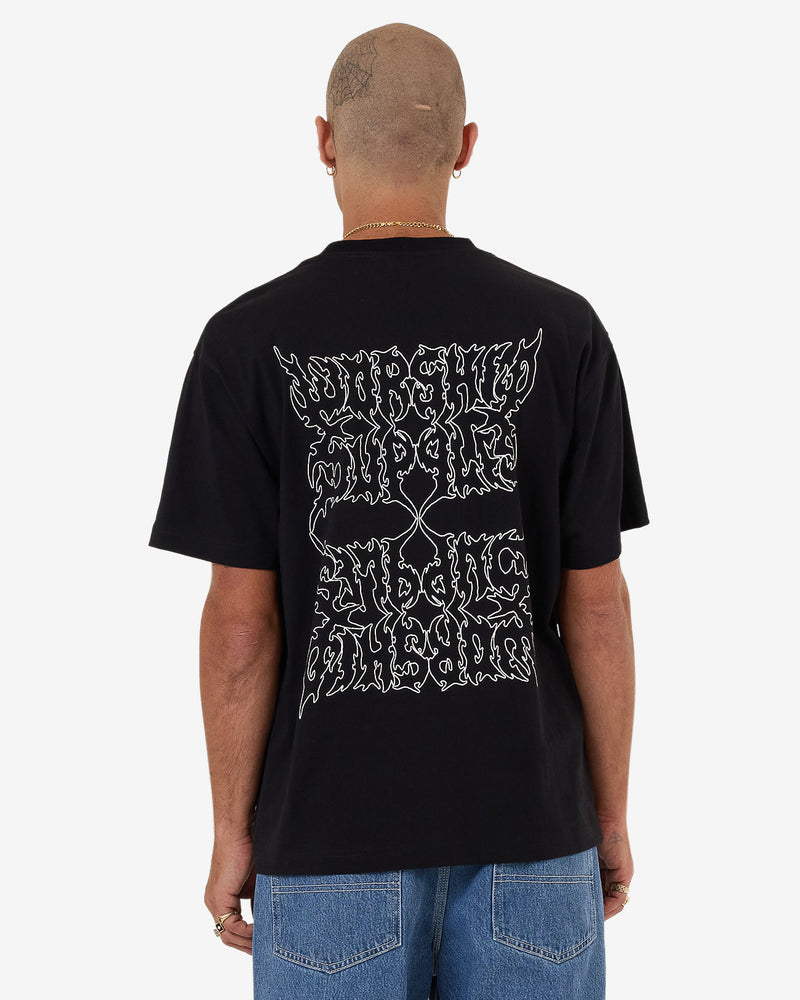 Back view of black graphic tee with large text graphic design