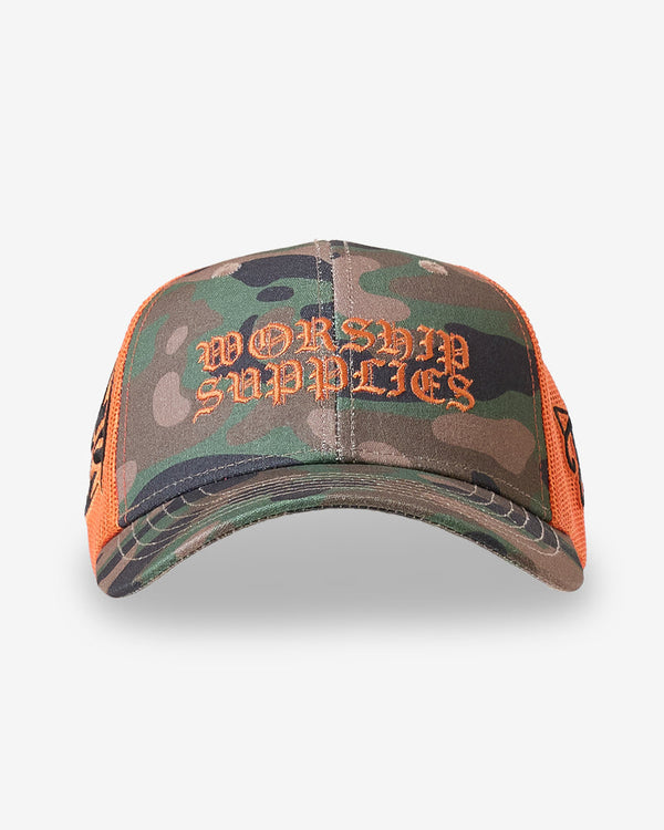 Camo trucker cap with orange mesh and Worship Supplies embroidery