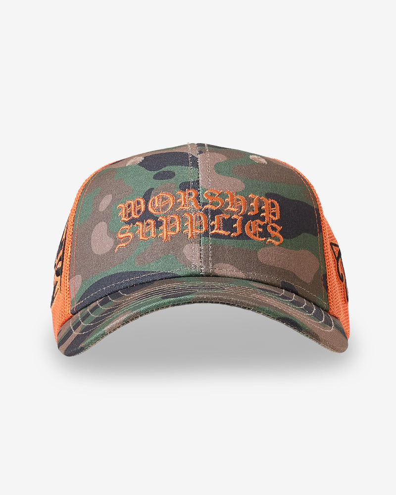 Camo trucker cap with orange mesh and Worship Supplies embroidery