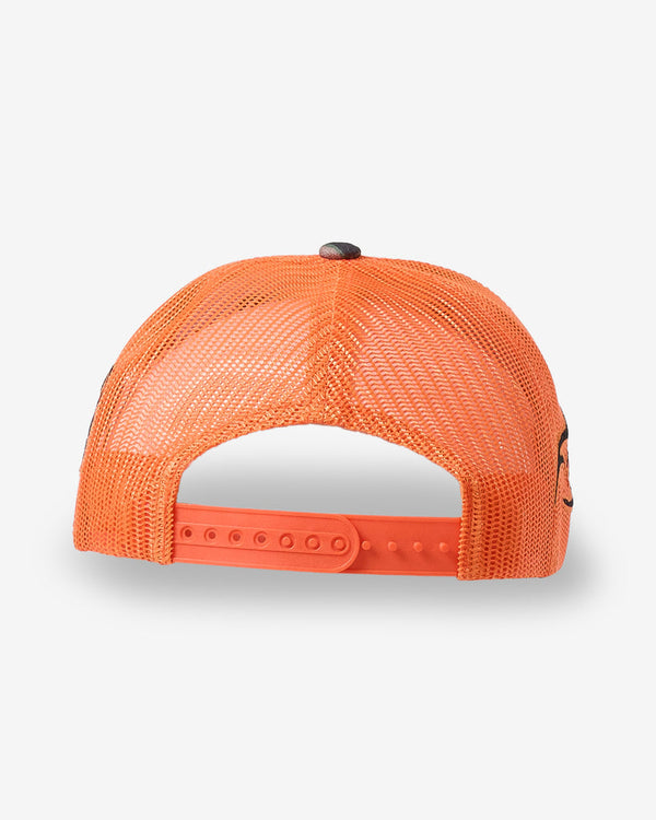 Back view of camo trucker cap with adjustable orange snapback