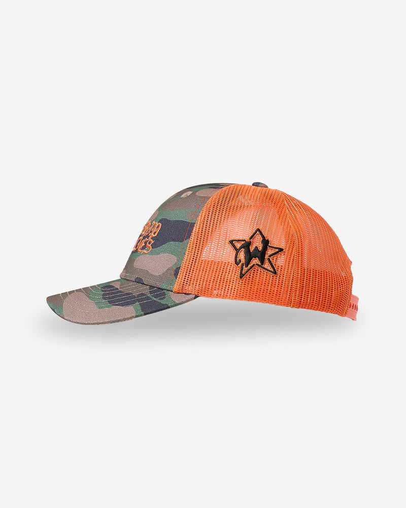 Side view of camo trucker cap with star logo on orange mesh