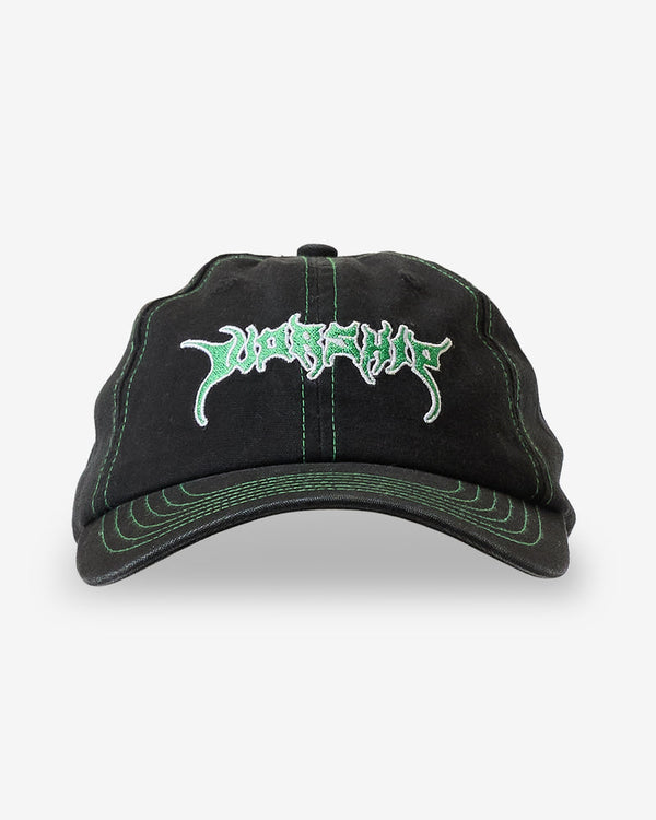 Black cap with "Worship" logo embroidered in green, featuring green stitching on the brim.