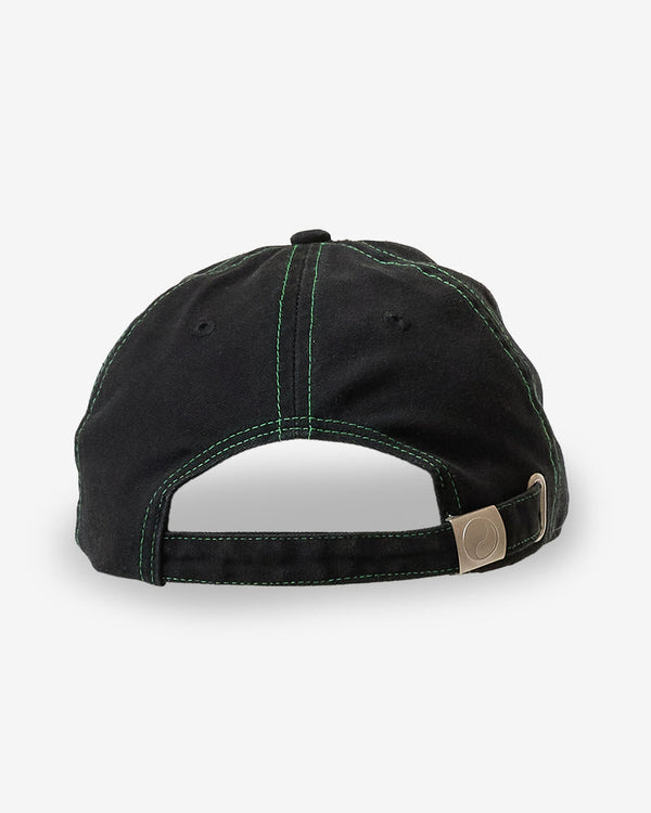 Back view of black cap with adjustable strap and green stitching on the seams.