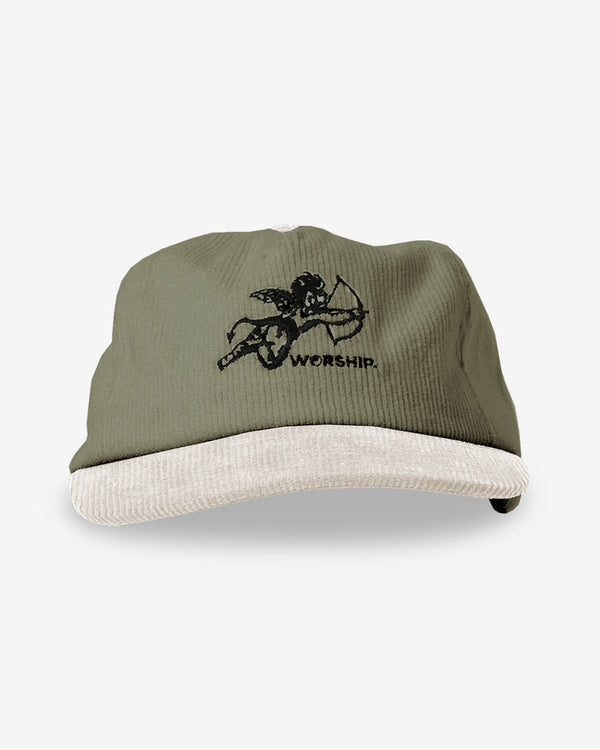 Olive green Worship cap with cupid graphic and beige corduroy brim