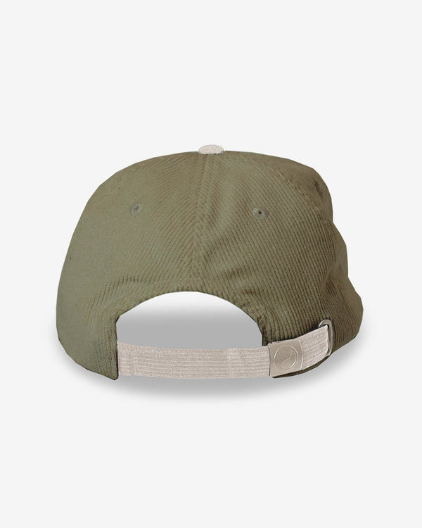 Back view olive green Worship cap with beige adjustable strap