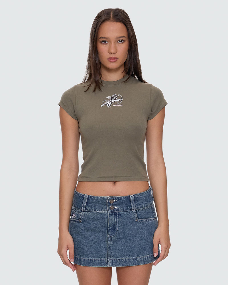 Olive green fitted crop tee with small cupid Worship graphic on chest
