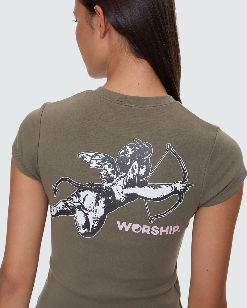 Olive green fitted crop tee with large cupid Worship graphic on back