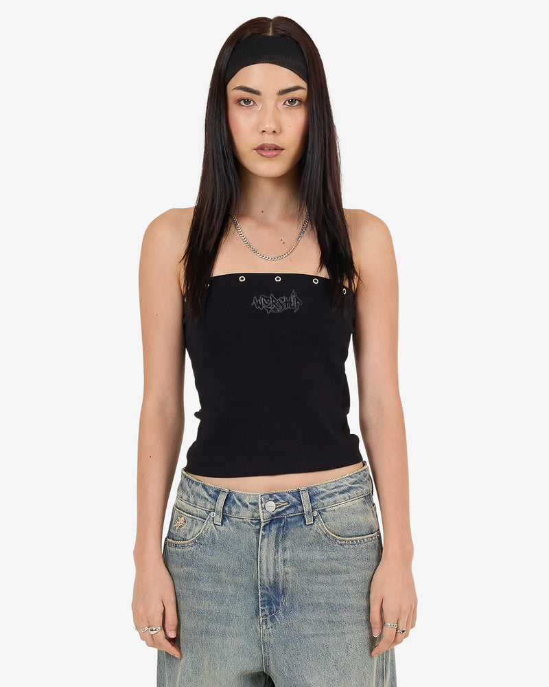Black strapless tube top with eyelet detail and small front graphic