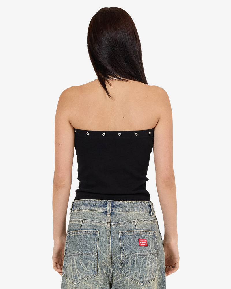 Black strapless tube top with plain back and eyelet detail along top edge